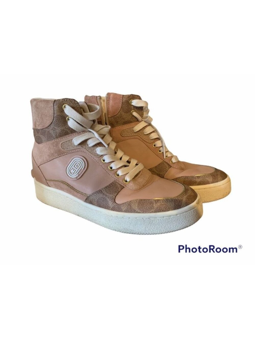 Coach Womens High-Top Sneakers Pink/Brown Leather & Canvas US 9.5B Zipper & Lace